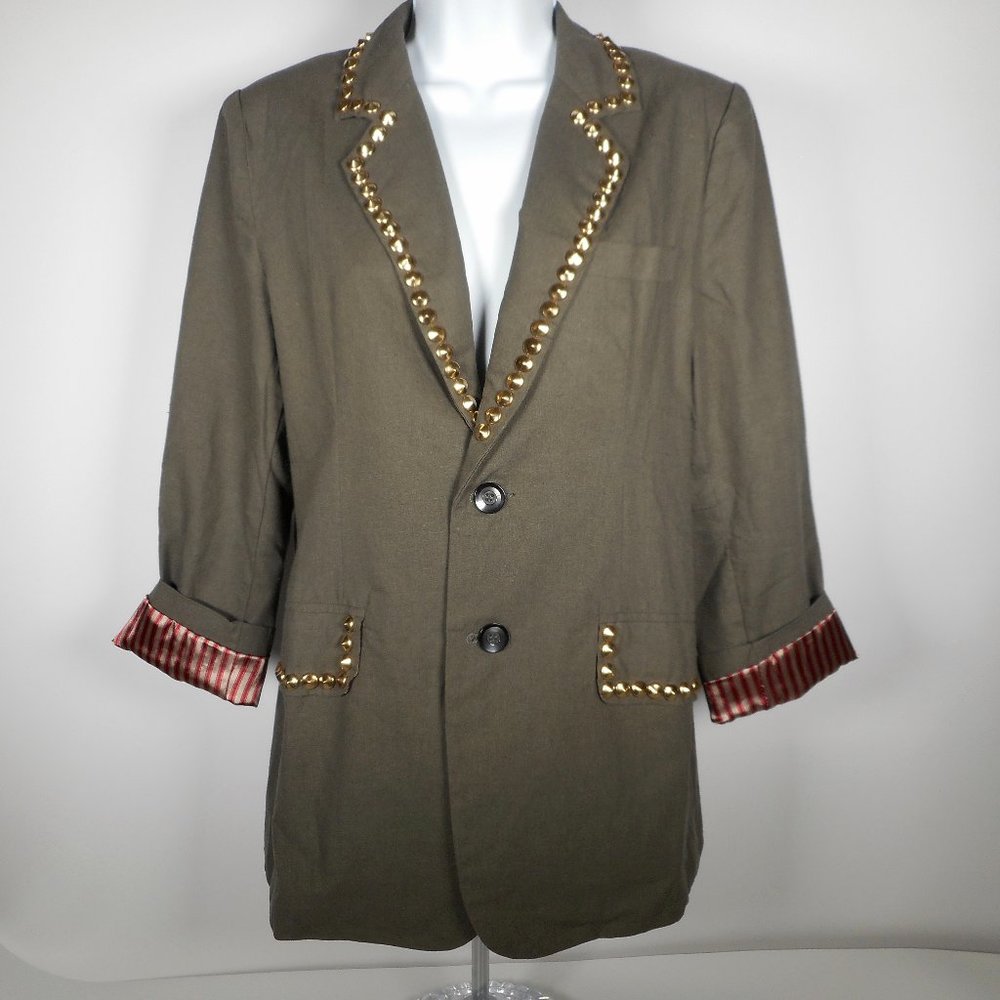 Audrey 3+1 Olive Green Gold Studded Medium Blazer Lined Jacket Edgy NWT